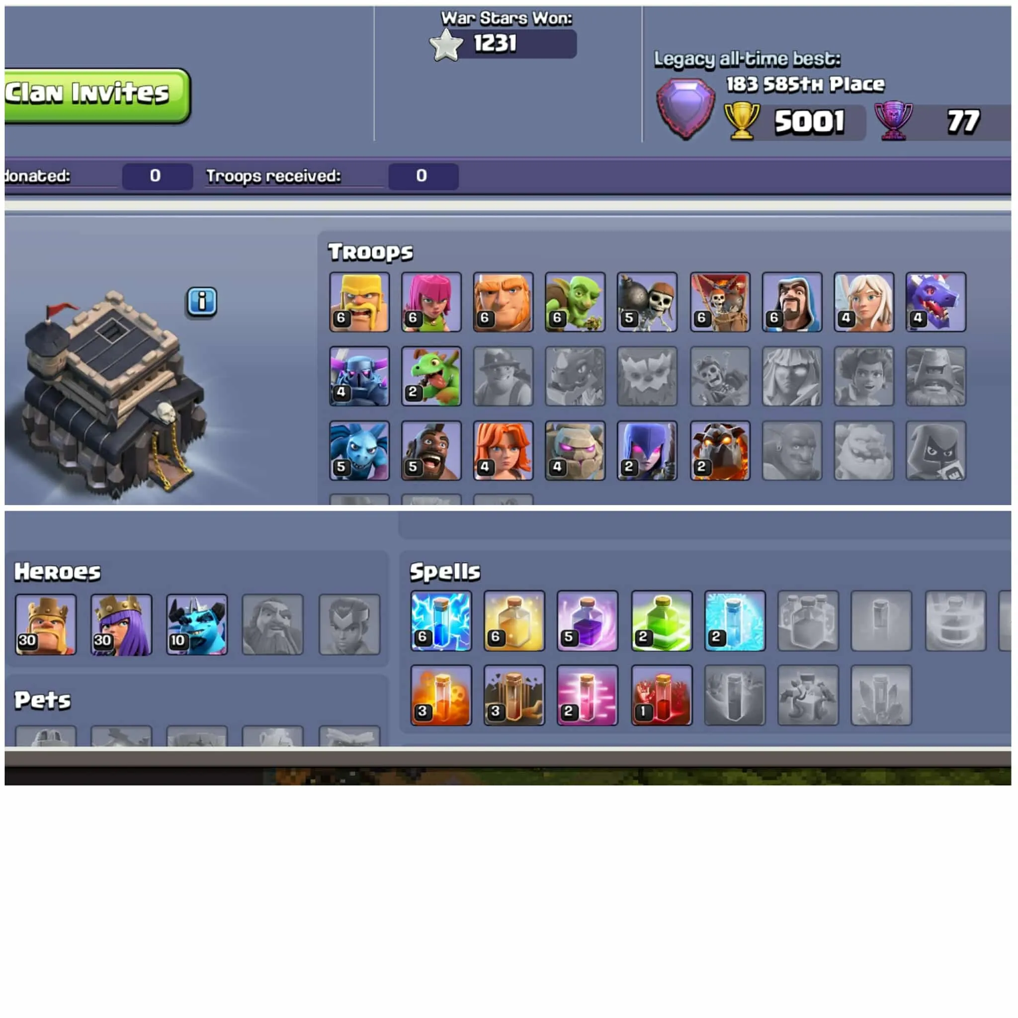 [Exp:143]➤➤Th9 Maxed Rare➤➤Legend Profile➤➤Full Base Obstacles➤➤1231 War Stars➤➤2751 Gems➤➤77 Legendary Trophy➤➤5001 Atb