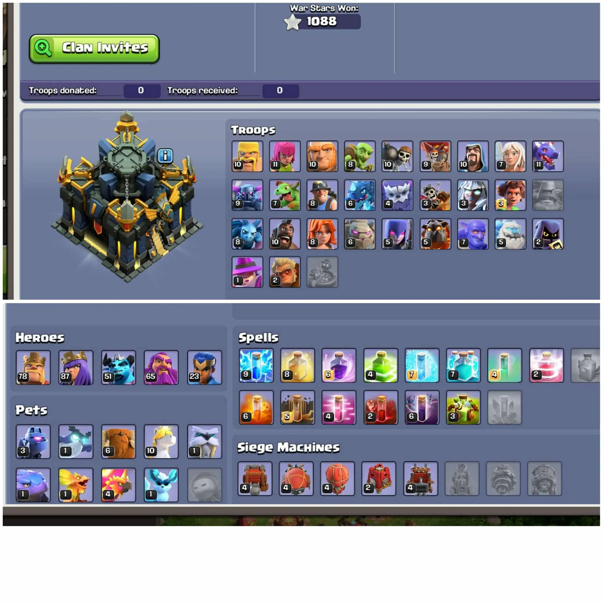 [10 Epic Equipment]➤➤Th17 Best Id➤➤Heros:78-87-51-65-24➤➤500 Nc➤➤1420 Gems➤➤Exp:166