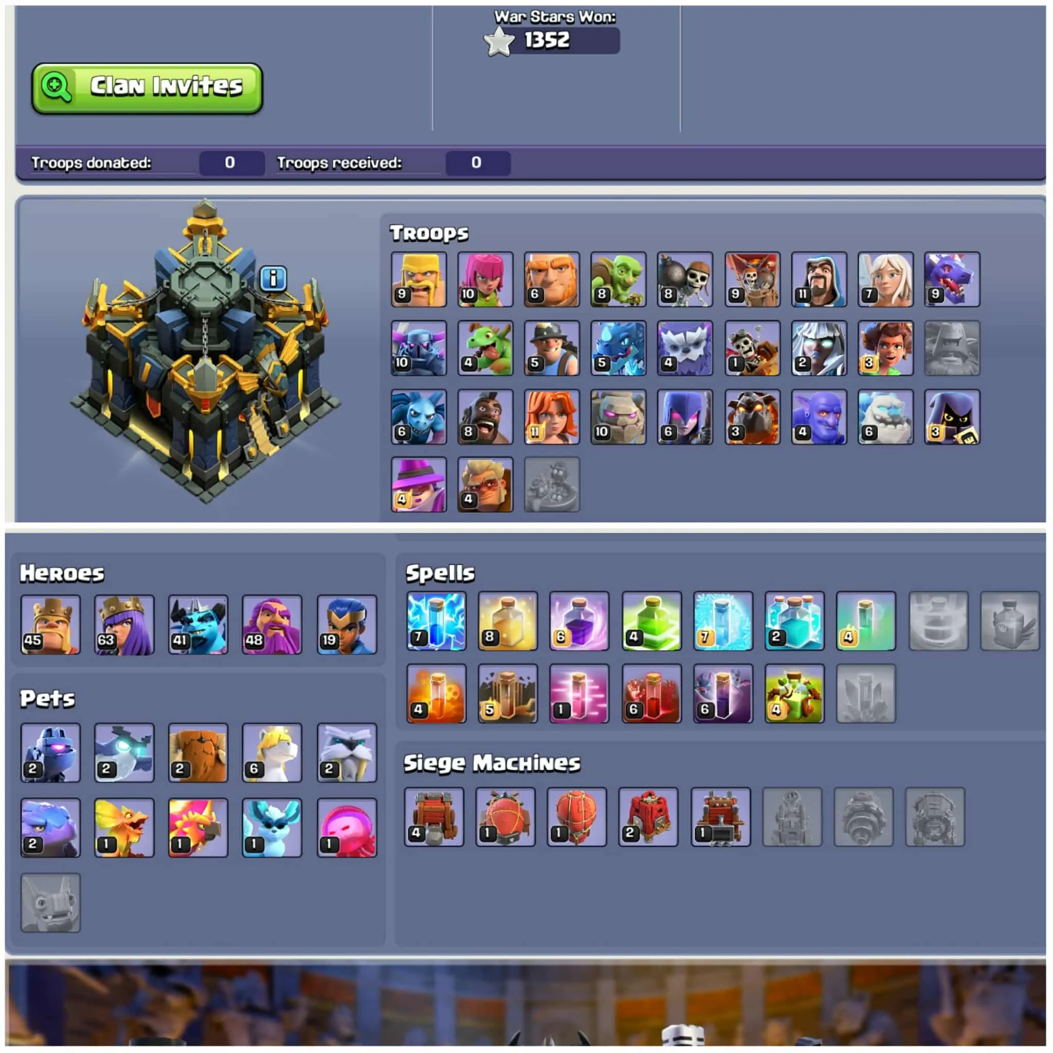 [6th Builders]➤➤Th17 Exclusive Account➤➤Heros:45-63-41-48-20➤➤8 Skins➤➤1100 Gems➤➤5 Epic Equipment➤➤Nc Available➤Exp:179