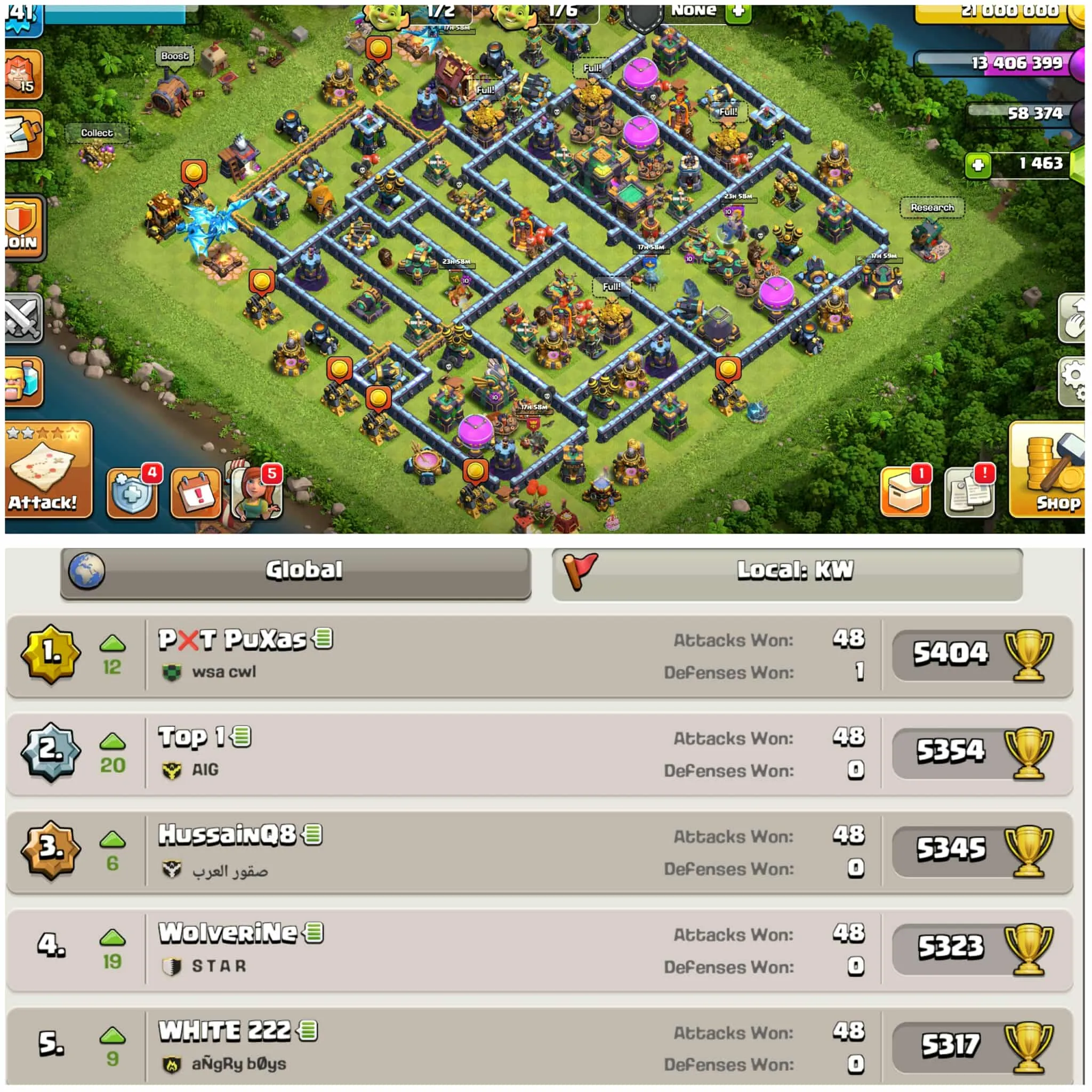 [Kuwait Local]➤➤Th14 Rare Local➤➤Heros:49-61-45-48-29➤➤1500 Gems➤➤Nc Available➤➤4 Skins➤➤242 Cwl Medals➤Full Magic items