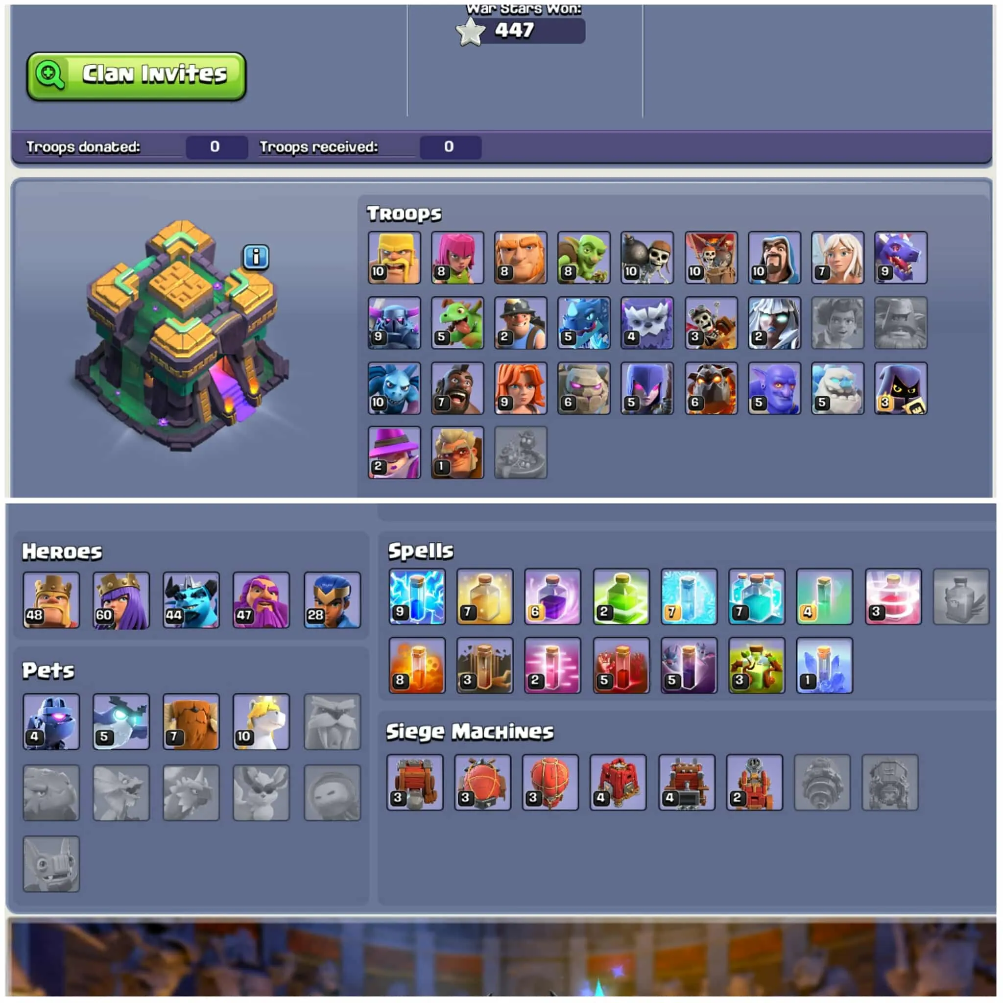 [Kuwait Local]➤➤Th14 Rare Local➤➤Heros:49-61-45-48-29➤➤1500 Gems➤➤Nc Available➤➤4 Skins➤➤242 Cwl Medals➤Full Magic items