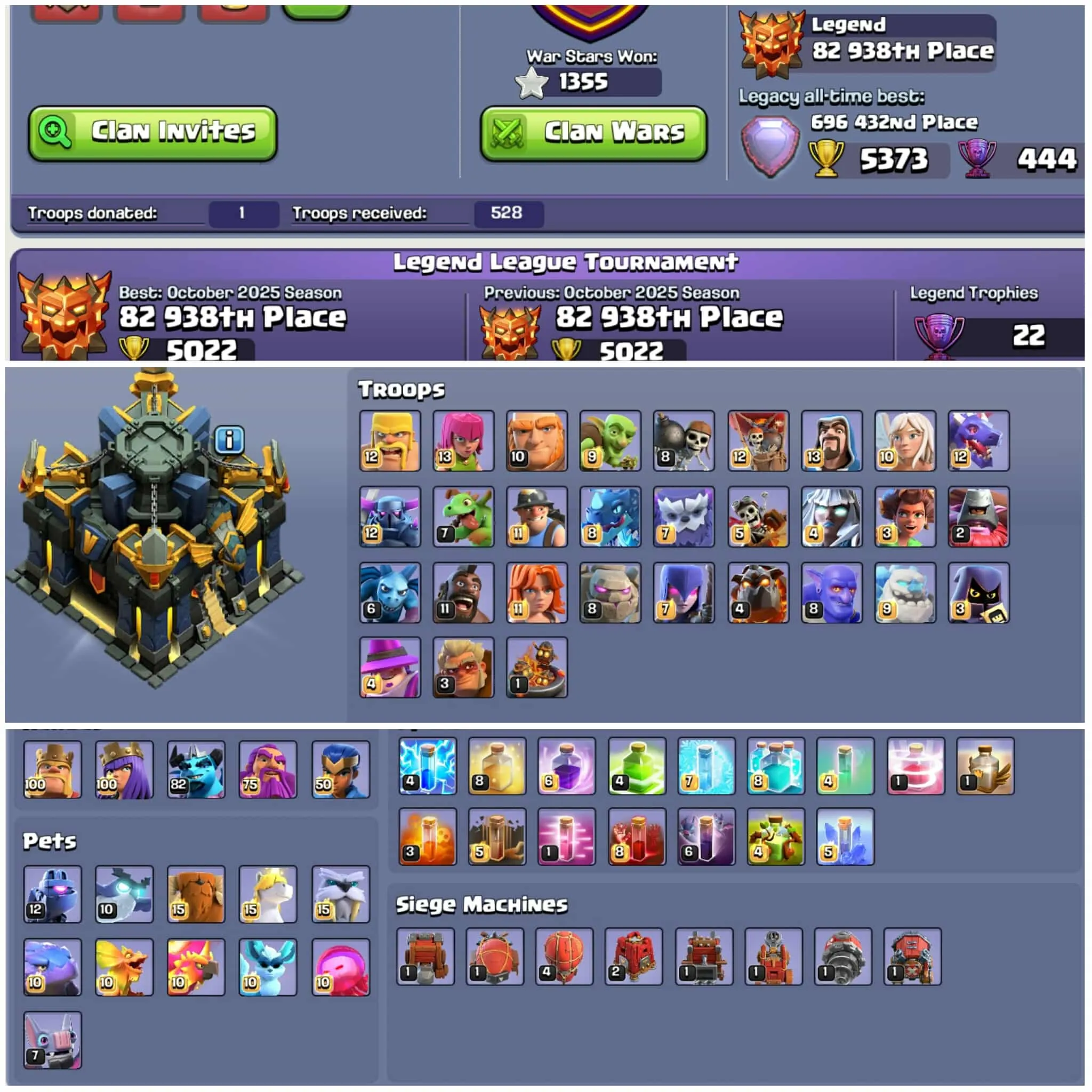 [12 Epic Equipment]➤➤Th17 Almost Max➤➤325 Wall Max➤➤Mash A Rama Scenary➤➤8 Epic Almost Max➤➤7500 Gems➤➤Exp:224