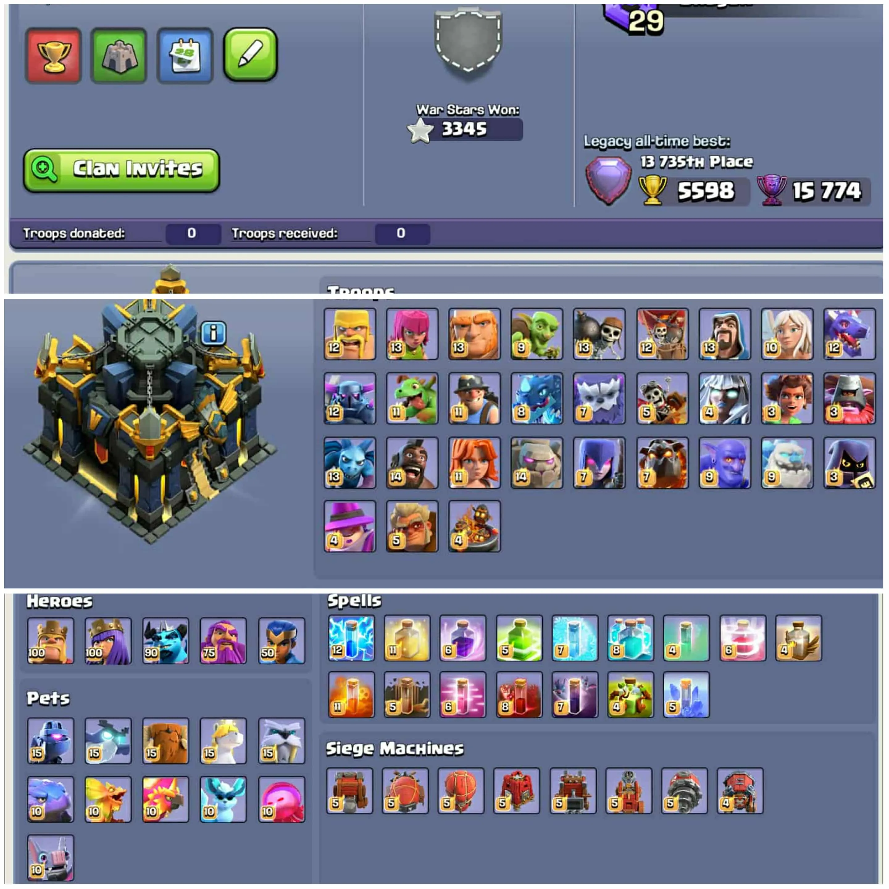 [200 Skins 56 Scenary]➤➤Th17 Almost All Skins Account➤➤Both Village Max➤➤14 Epic Equipment➤➤12800 Gems➤➤1147 Cwl Medals