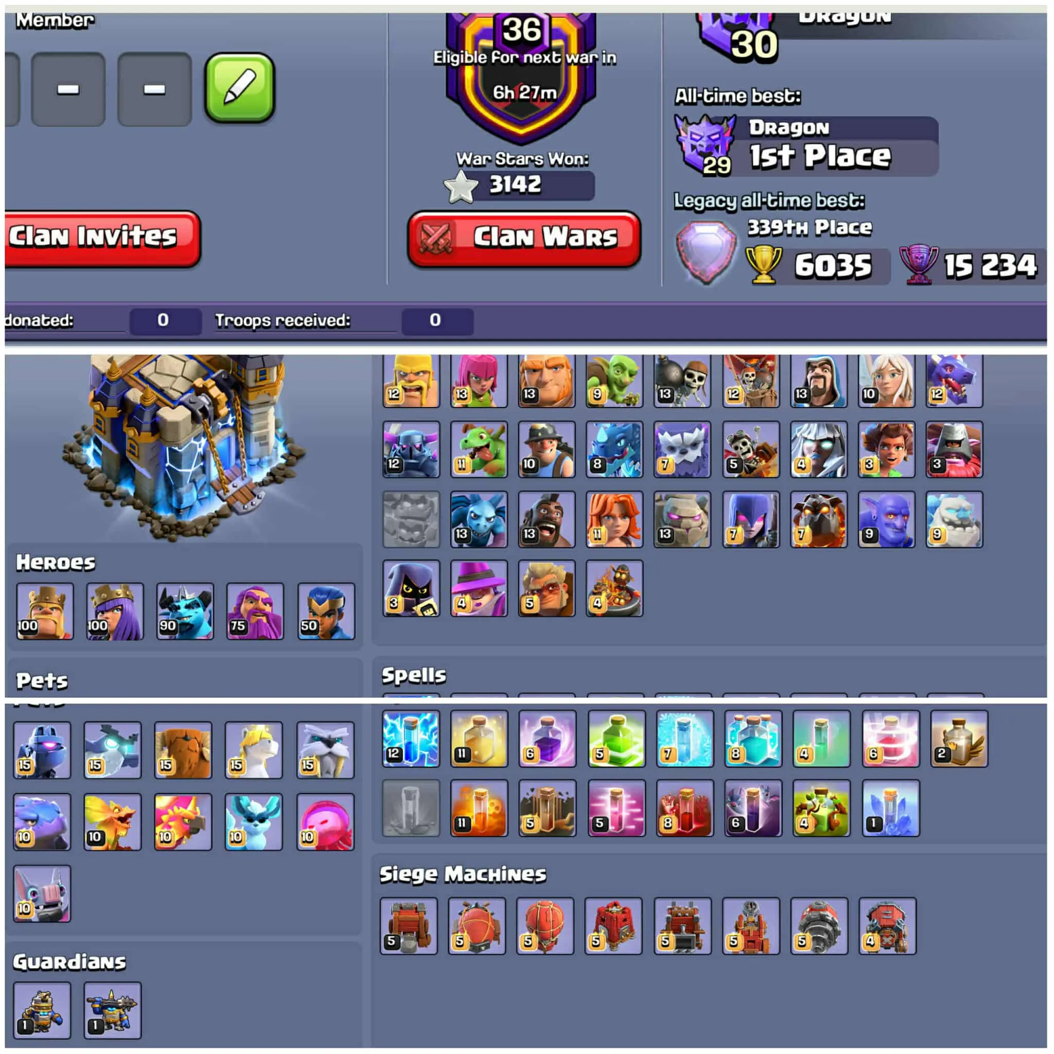 [69k Gems]➤➤Th18 Full Base Spam Obstacles➤➤339 Global Rank➤➤1293 Cwl Medals➤9 Epic Almost Max➤Loaded Magic Items➤Exp:264