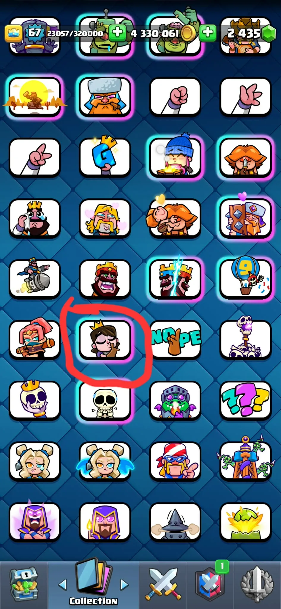 Rare 8 year badge➤➤Kt-15➤➤22 Demanding Evos➤➤Princess kissing➤➤Barb Statue➤➤All Cards Unlocked➤➤180 emotes➤➤Tower skins