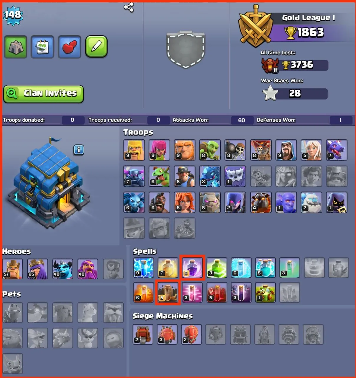 💥40% OFF SALE💥20,110+ GEMS 💎♨️ TH 12 PURE MAX 💧 4 EPIC EQUIPMENT { SB_03 , GG_14 , FA_14 , DC_08 , FB_08 } ❣️ FREE NC 💎 HEROES BK_58 , AQ_65 , MP_40 , GW_40 📛 OP MAGIC ITEMS ✴️ 609 RAID MEDALS 🌟 95 CWL MEDALS ✴️ LOT OF OBSTACLES ✨FAST DELIVERY📮
