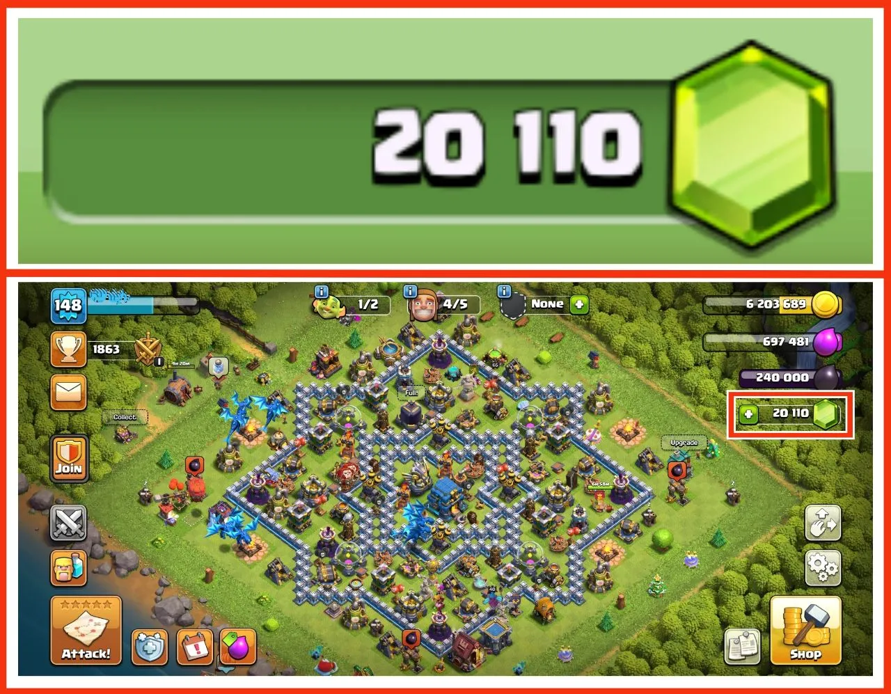💥40% OFF SALE💥20,110+ GEMS 💎♨️ TH 12 PURE MAX 💧 4 EPIC EQUIPMENT { SB_03 , GG_14 , FA_14 , DC_08 , FB_08 } ❣️ FREE NC 💎 HEROES BK_58 , AQ_65 , MP_40 , GW_40 📛 OP MAGIC ITEMS ✴️ 609 RAID MEDALS 🌟 95 CWL MEDALS ✴️ LOT OF OBSTACLES ✨FAST DELIVERY📮