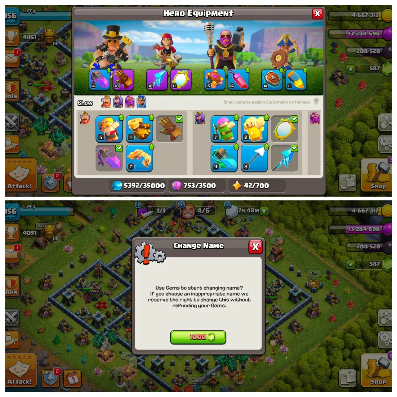 🛑MG🛑TH13 MAX WALLS | 50-62-37-10 HEROES | GG FA MM UNLOCKED | 7 HEROES SKINS | 1000 GEMS RENAME|INSTANT DELIVERY