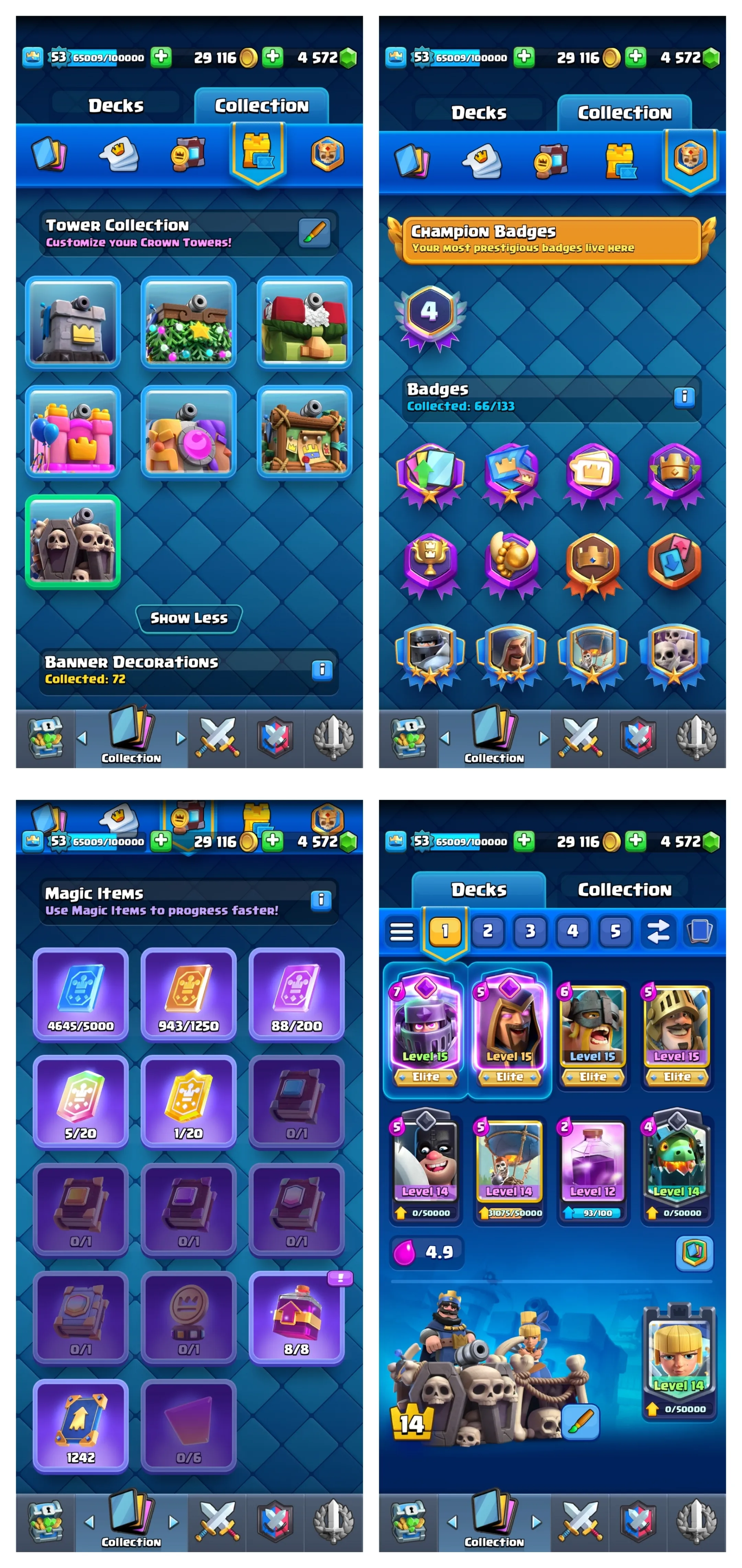 💥45% OFF SALE💥 4570+ GEMS 💎 23 MAX CARDS 🔺 13 EVO CARD 🔥 4 ELITE 🏆 9712 TROPHIES 🔻 20 ARENA LVL ✨ 14 KT LEVEL 💦 55 EMOTES ❤ 53 XP LEVEL 💢 4 YRS SPECIAL AND COOL BADGES 🧣 121 CARDS 🔥 FAST DELIVERY 🚚