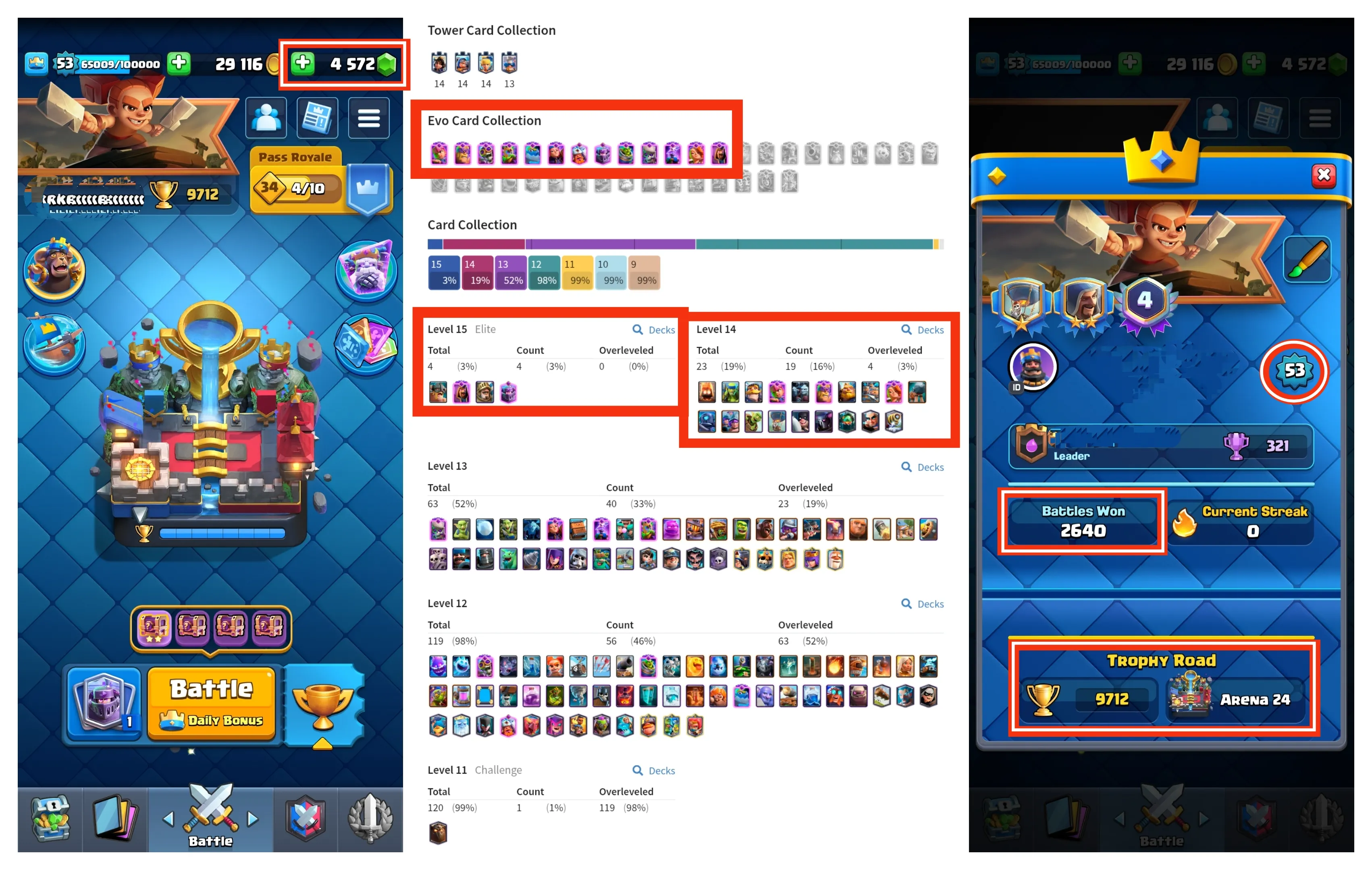 💥45% OFF SALE💥 4570+ GEMS 💎 23 MAX CARDS 🔺 13 EVO CARD 🔥 4 ELITE 🏆 9712 TROPHIES 🔻 20 ARENA LVL ✨ 14 KT LEVEL 💦 55 EMOTES ❤ 53 XP LEVEL 💢 4 YRS SPECIAL AND COOL BADGES 🧣 121 CARDS 🔥 FAST DELIVERY 🚚