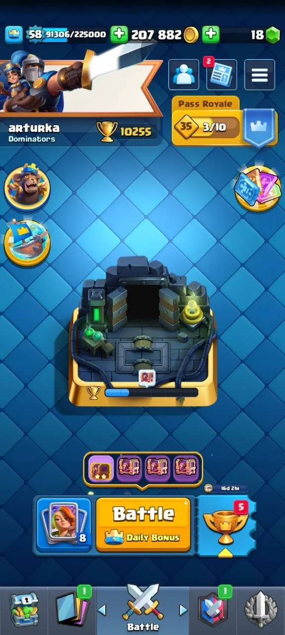 CR468 //10255 Trophies, Arena 25, Level 58, 18 Evolution Cards, 21 Legendary, 129/285 Emotes, 9 Tower Skins, 19 Level 15 Elite Cards, 64 Banner Decorations, Perf Proportions, Boohoo