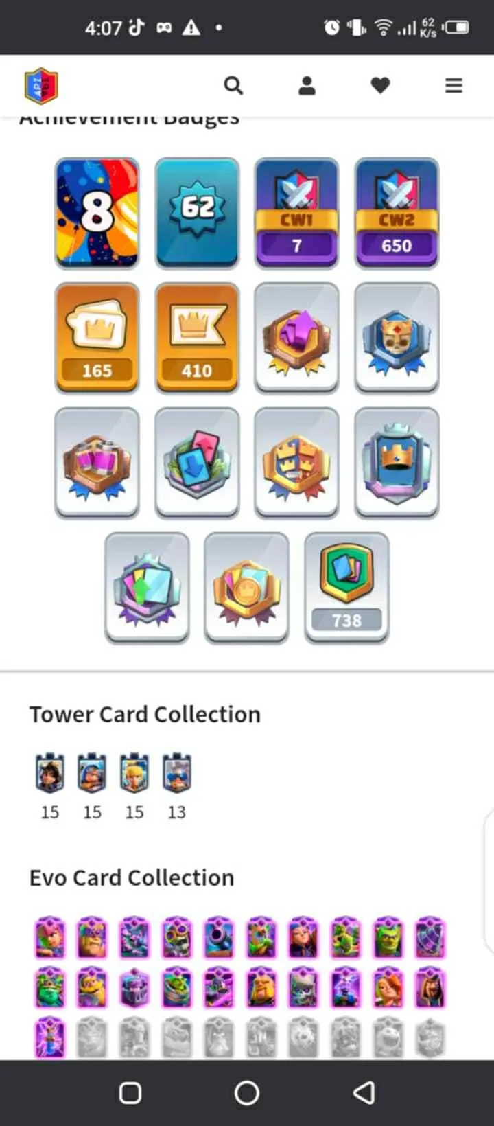 CR438 //Level 62 Account with 3.8M Gold, 21 Evolution Cards, 32 Elite Cards, 109 Maxed Cards, 100 Legendary Cards, and Rich Emotes Collection