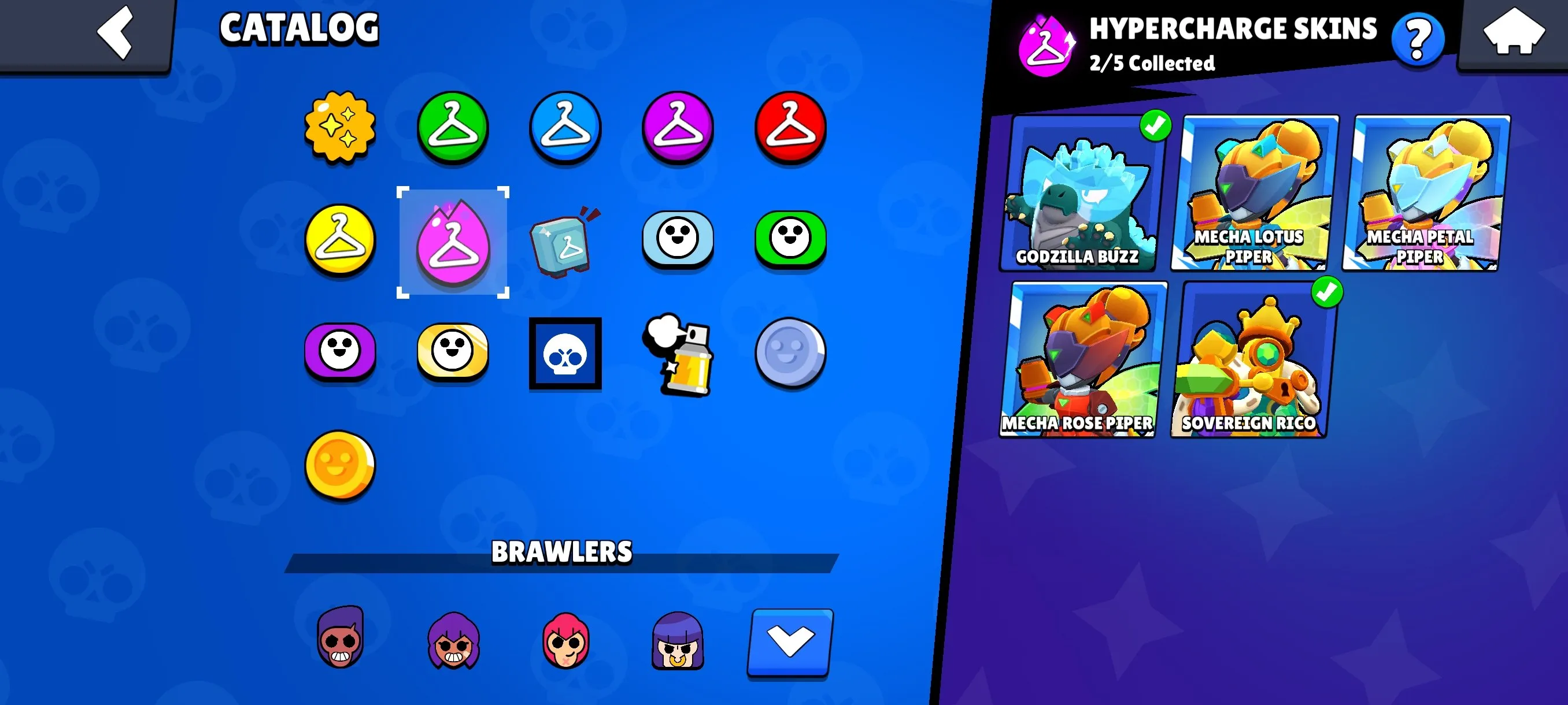 BS1868 //23157 Trophies 74 of 97 Brawlers star 138 Skins star 2 Hypercharge Skins Godzilla Buzz Mecha Piper Sovereign Rico