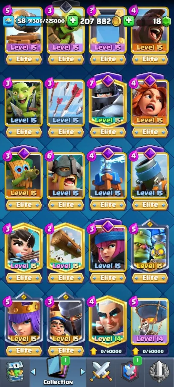 CR468 //10255 Trophies, Arena 25, Level 58, 18 Evolution Cards, 21 Legendary, 129/285 Emotes, 9 Tower Skins, 19 Level 15 Elite Cards, 64 Banner Decorations, Perf Proportions, Boohoo