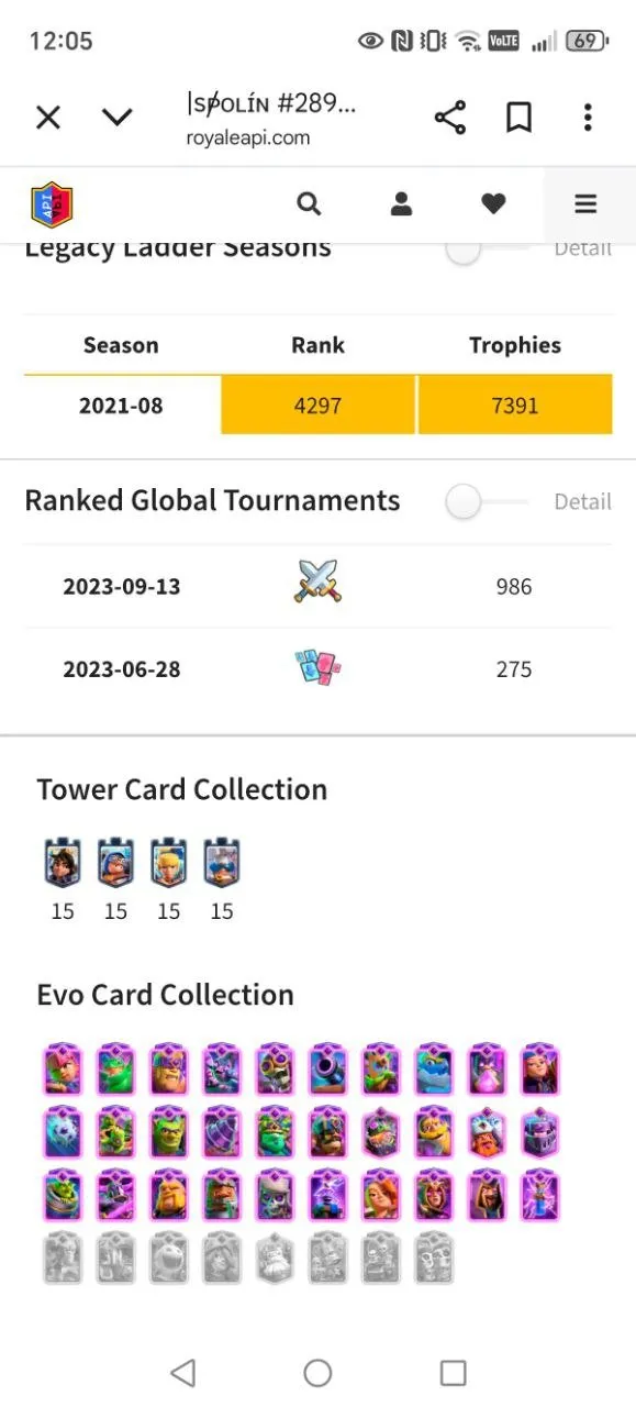 CR422 //Full Max Level 70 Account with 121 Cards, All Exclusive Emotes, Legendary Achievements, CRL 20 Wins (2023, 2024, 2025), Arena 23