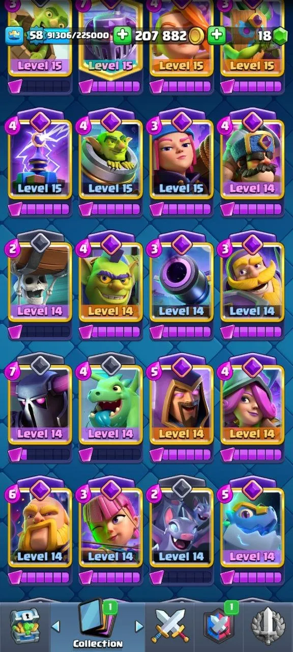 CR468 //10255 Trophies, Arena 25, Level 58, 18 Evolution Cards, 21 Legendary, 129/285 Emotes, 9 Tower Skins, 19 Level 15 Elite Cards, 64 Banner Decorations, Perf Proportions, Boohoo