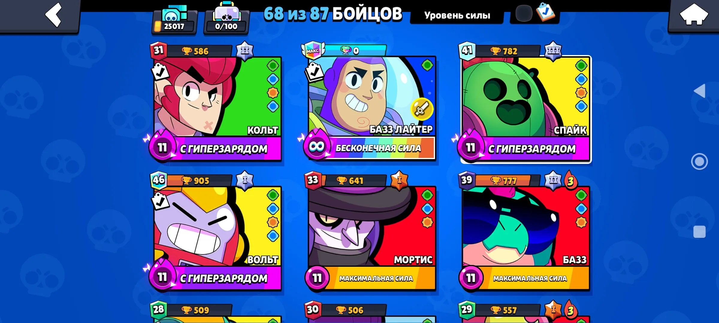 BS1842 //Obzor 66 brawlers 68 of 87, 25017 trophies, many rank 25 plus, favorite Spike, power 11 upgrades, rare skins and strong maxed lineup