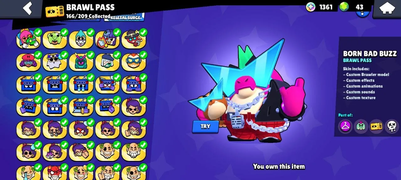 BS1581 //Director Buzz, Wizard Byron, Star Shelly, 13 Brawl Pass, 64 Max Power Brawlers, 87 Brawlers, 42195 Trophies