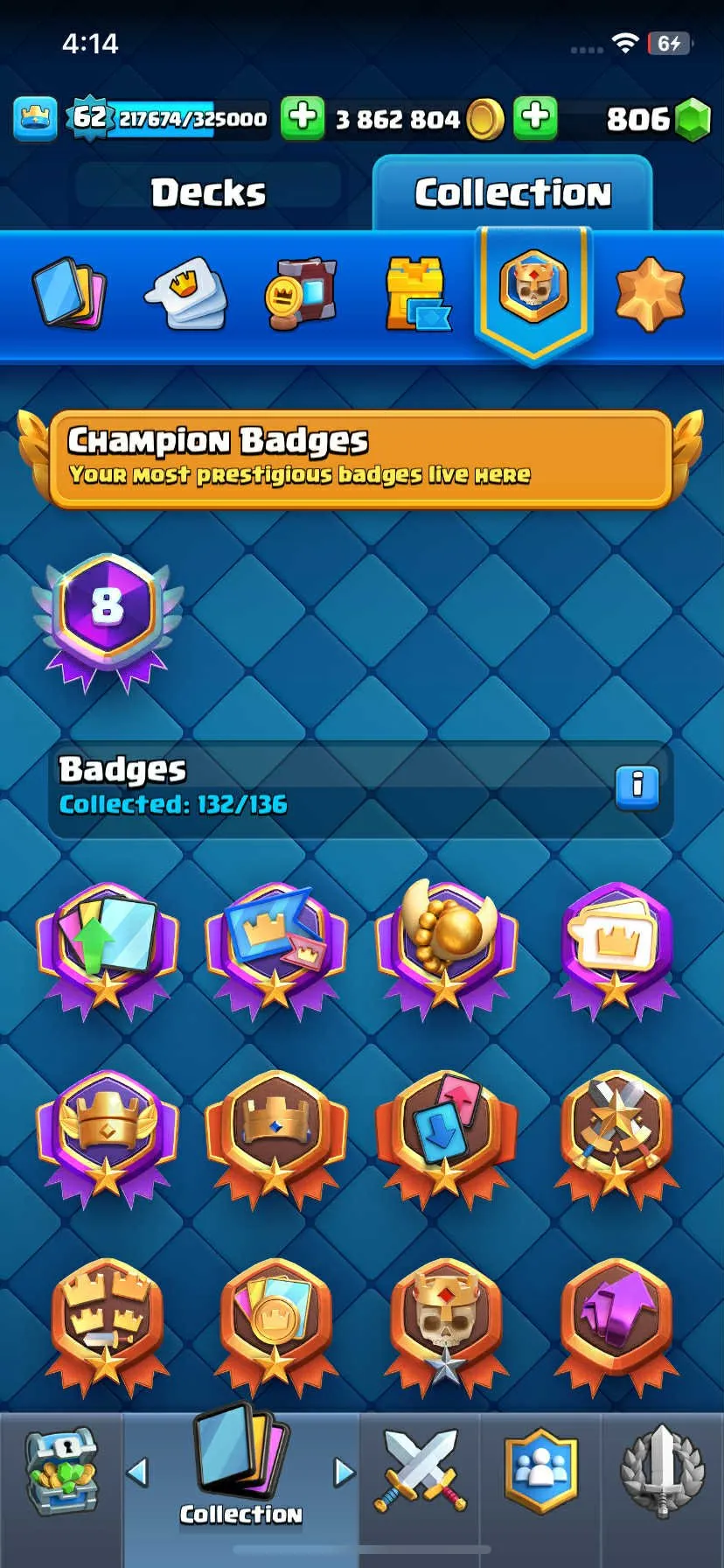 CR438 //Level 62 Account with 3.8M Gold, 21 Evolution Cards, 32 Elite Cards, 109 Maxed Cards, 100 Legendary Cards, and Rich Emotes Collection