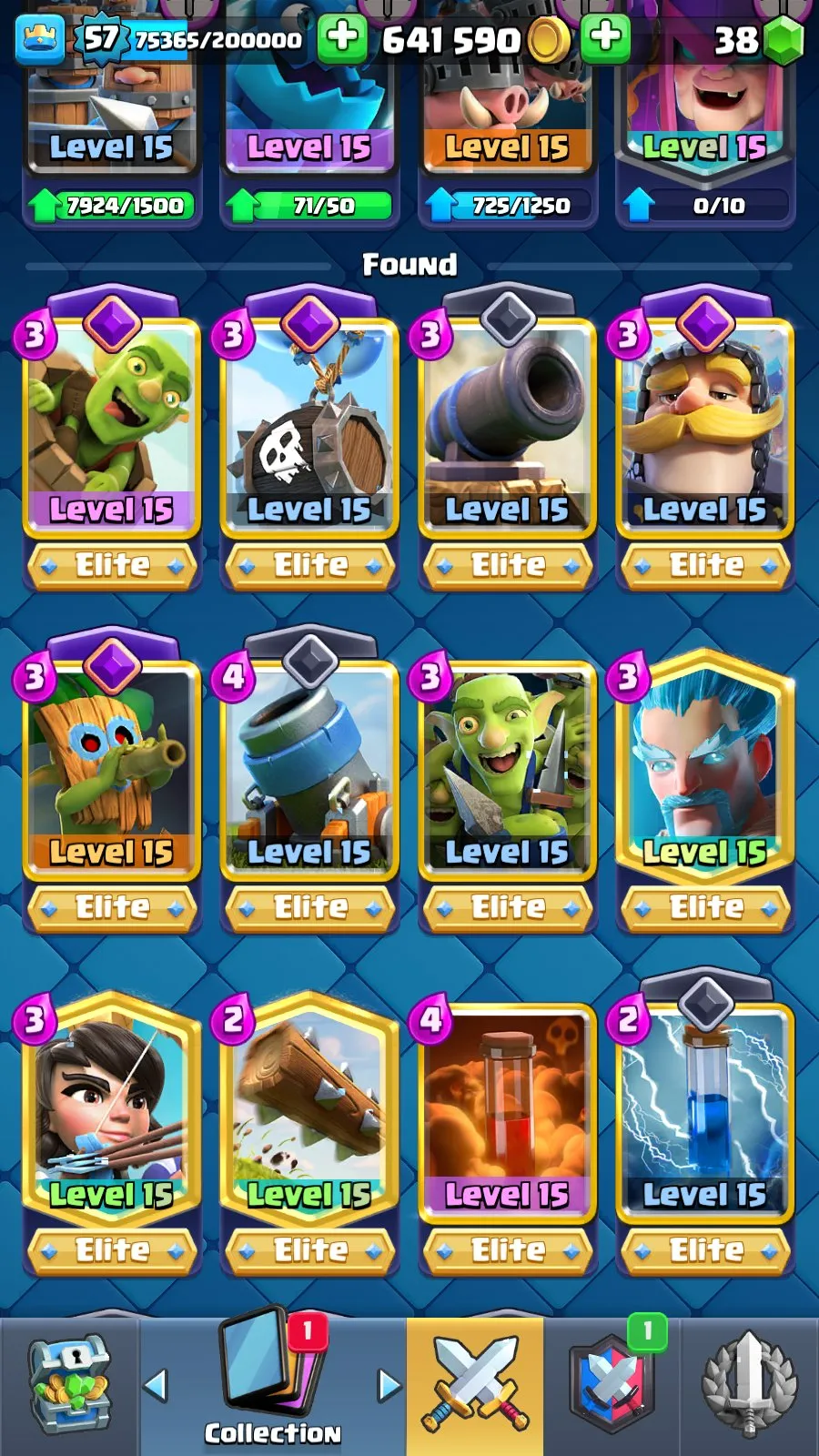 CR4991 //Elite Maxed Cards, Custom Banner, 15,000 Trophies, 57 King Level, Unique Emotes, 43 Emotes, Full Clan Leadership, 31 Banner Decorations, All Elite Cards Unlocked, All Cards Unlocked
