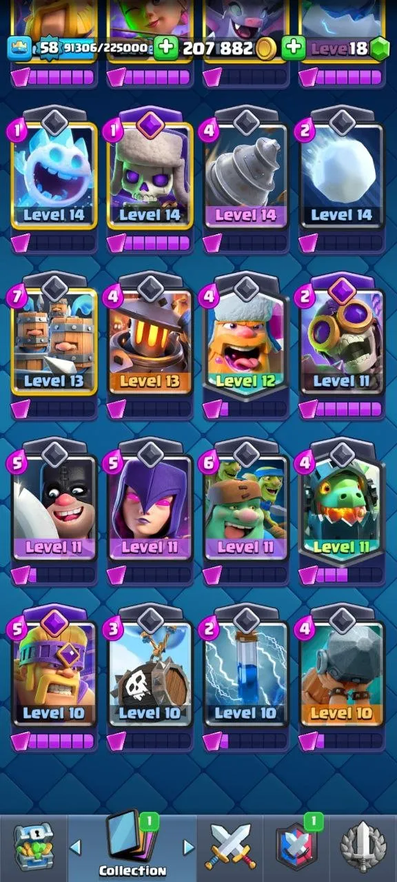 CR468 //10255 Trophies, Arena 25, Level 58, 18 Evolution Cards, 21 Legendary, 129/285 Emotes, 9 Tower Skins, 19 Level 15 Elite Cards, 64 Banner Decorations, Perf Proportions, Boohoo