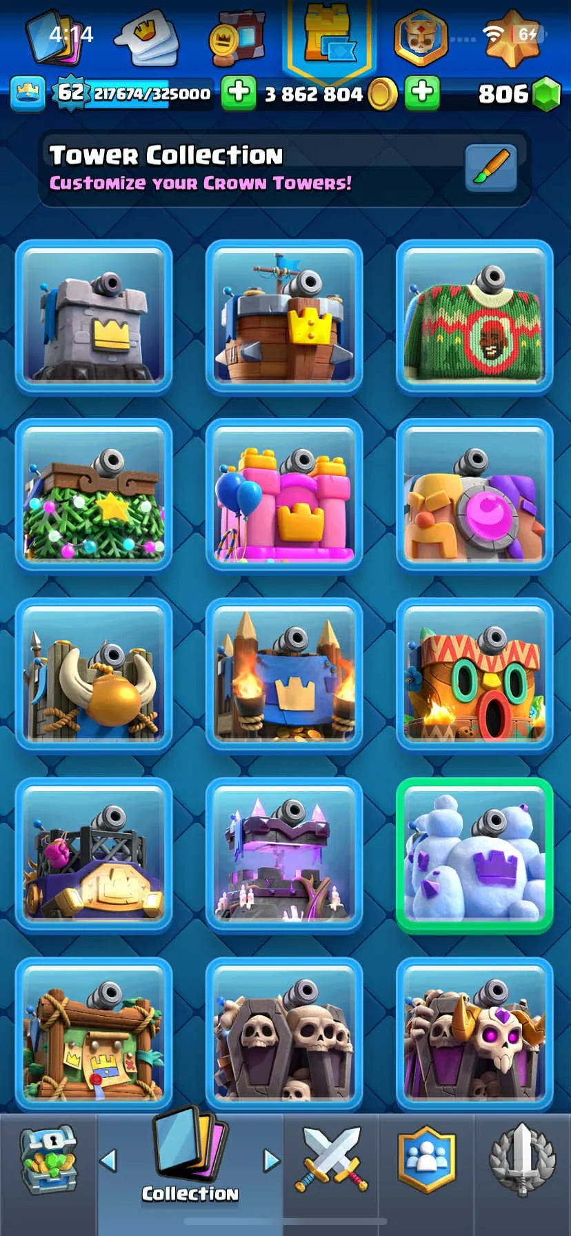 CR438 //Level 62 Account with 3.8M Gold, 21 Evolution Cards, 32 Elite Cards, 109 Maxed Cards, 100 Legendary Cards, and Rich Emotes Collection