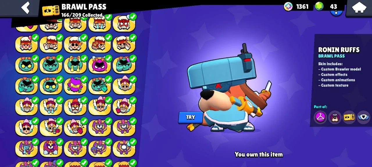 BS1581 //Director Buzz, Wizard Byron, Star Shelly, 13 Brawl Pass, 64 Max Power Brawlers, 87 Brawlers, 42195 Trophies