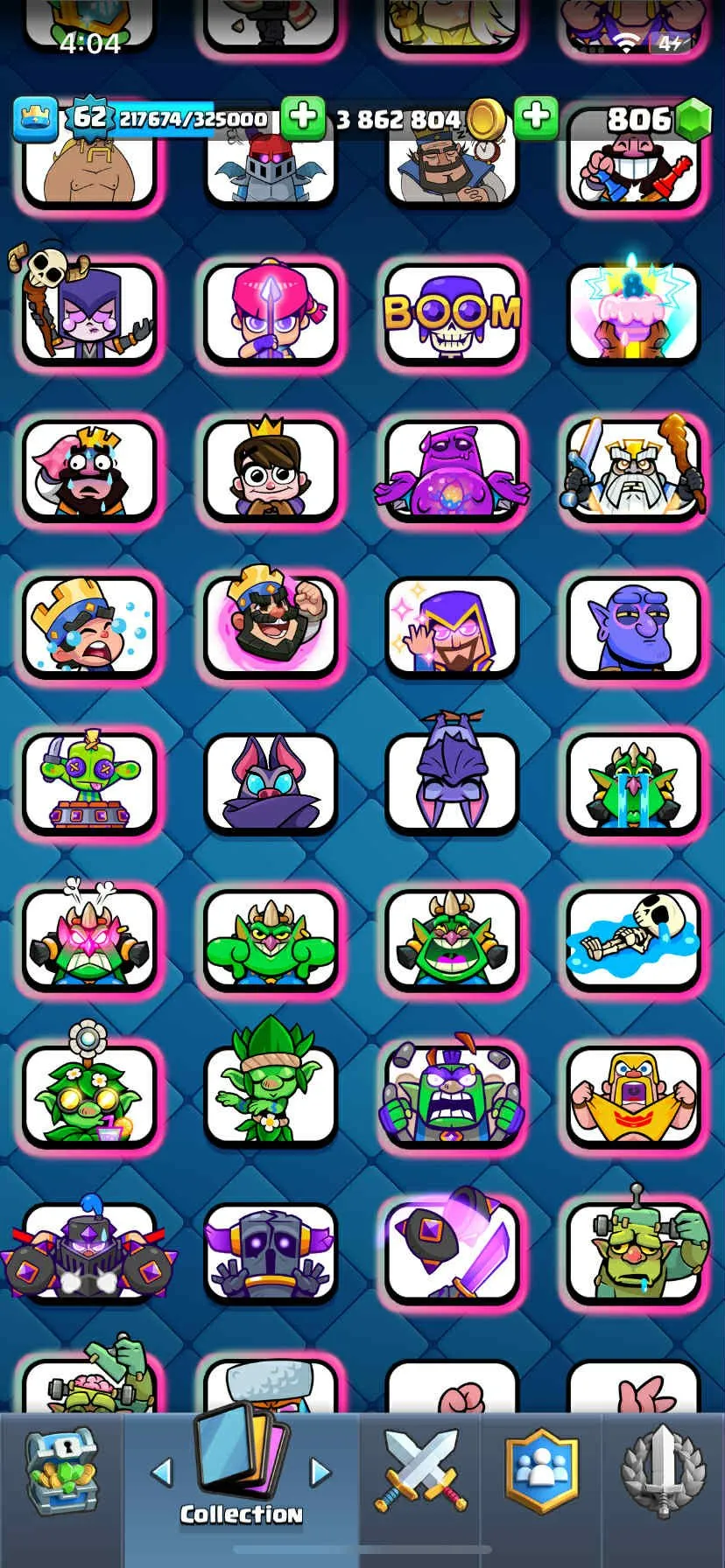 CR438 //Level 62 Account with 3.8M Gold, 21 Evolution Cards, 32 Elite Cards, 109 Maxed Cards, 100 Legendary Cards, and Rich Emotes Collection