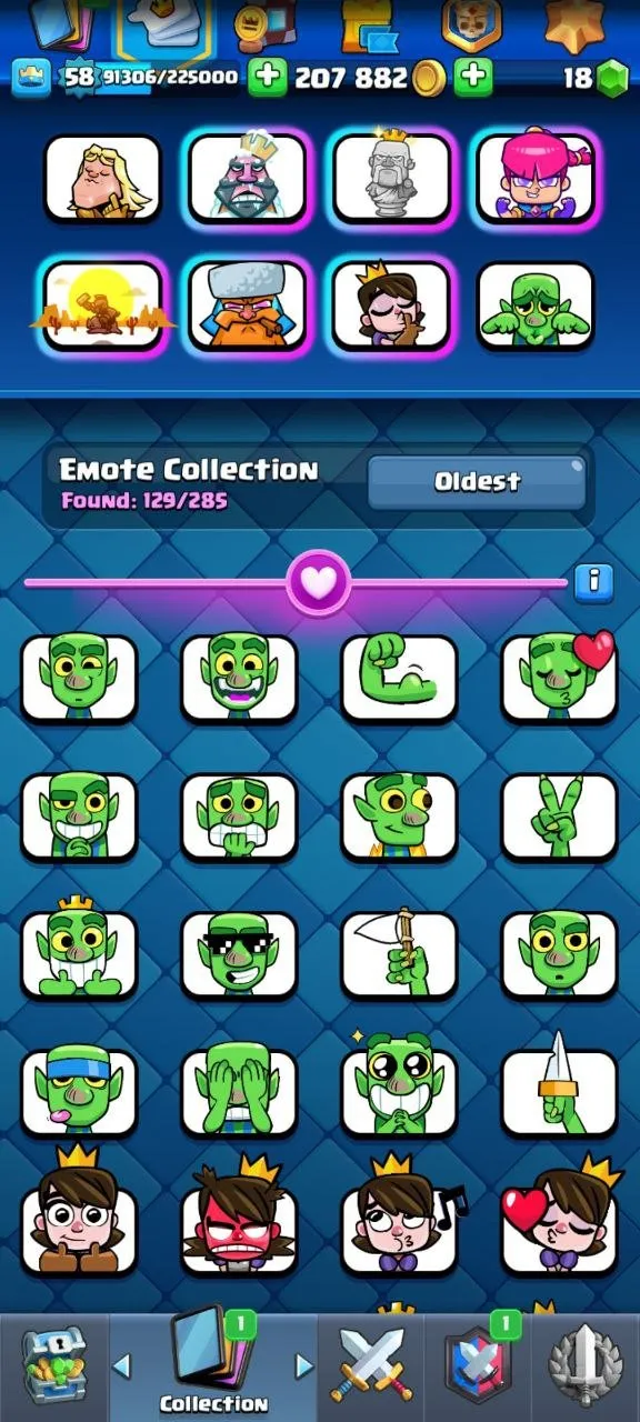 CR468 //10255 Trophies, Arena 25, Level 58, 18 Evolution Cards, 21 Legendary, 129/285 Emotes, 9 Tower Skins, 19 Level 15 Elite Cards, 64 Banner Decorations, Perf Proportions, Boohoo