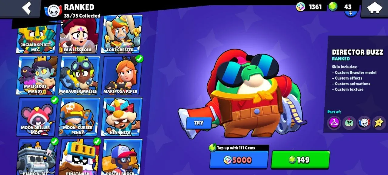BS1581 //Director Buzz, Wizard Byron, Star Shelly, 13 Brawl Pass, 64 Max Power Brawlers, 87 Brawlers, 42195 Trophies