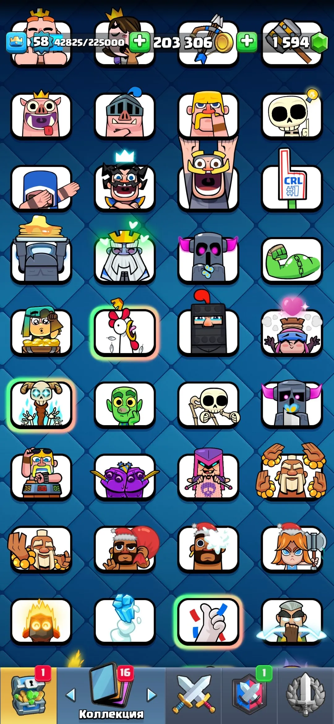 CR480 //Level 58, Arena 24, 12900 Trophies, 14 Evolution Cards, 28 Legendary Cards, 101 Emotes, 115 Banner Decorations, Seasonal Arena 3, Large Collection