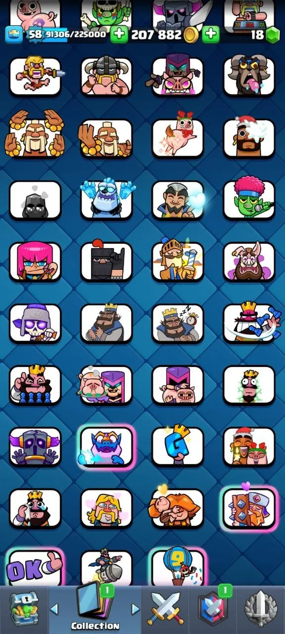 CR468 //10255 Trophies, Arena 25, Level 58, 18 Evolution Cards, 21 Legendary, 129/285 Emotes, 9 Tower Skins, 19 Level 15 Elite Cards, 64 Banner Decorations, Perf Proportions, Boohoo