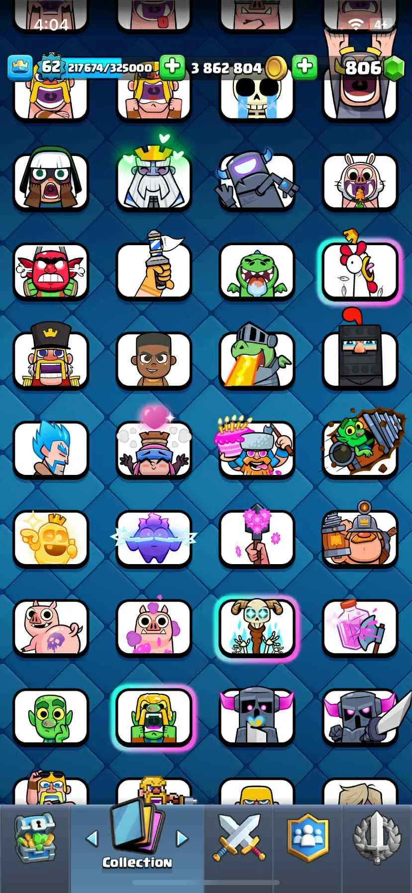 CR438 //Level 62 Account with 3.8M Gold, 21 Evolution Cards, 32 Elite Cards, 109 Maxed Cards, 100 Legendary Cards, and Rich Emotes Collection