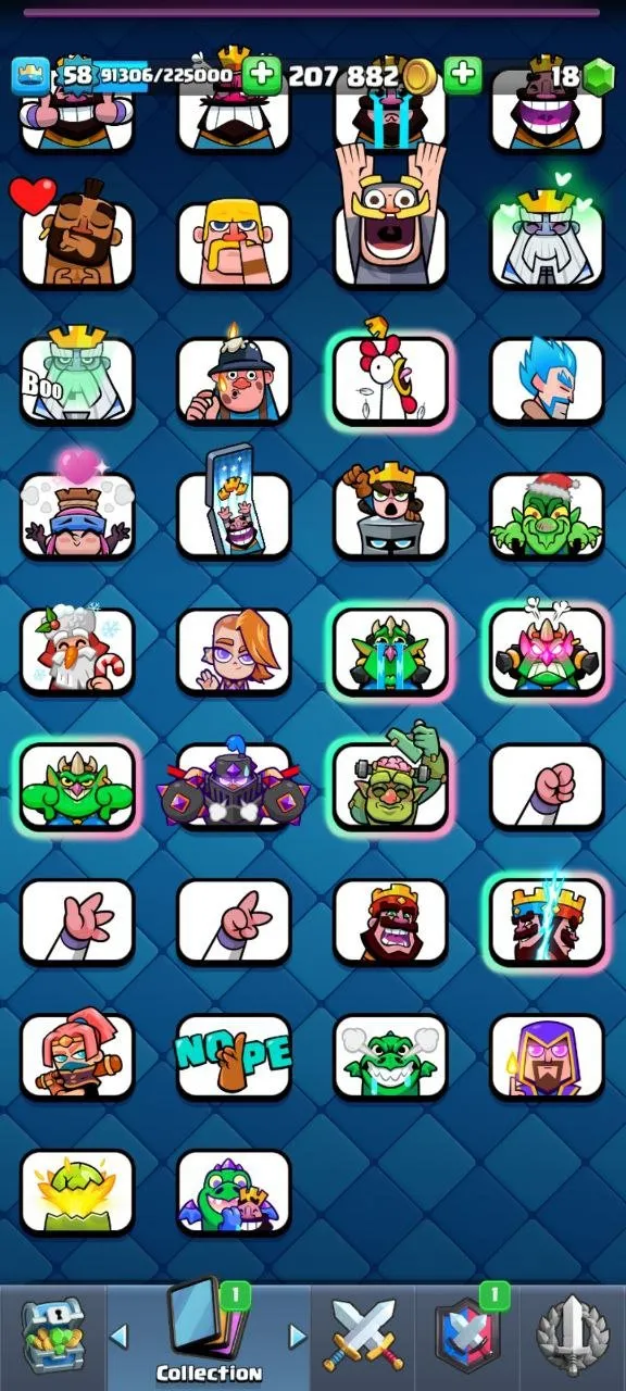 CR468 //10255 Trophies, Arena 25, Level 58, 18 Evolution Cards, 21 Legendary, 129/285 Emotes, 9 Tower Skins, 19 Level 15 Elite Cards, 64 Banner Decorations, Perf Proportions, Boohoo