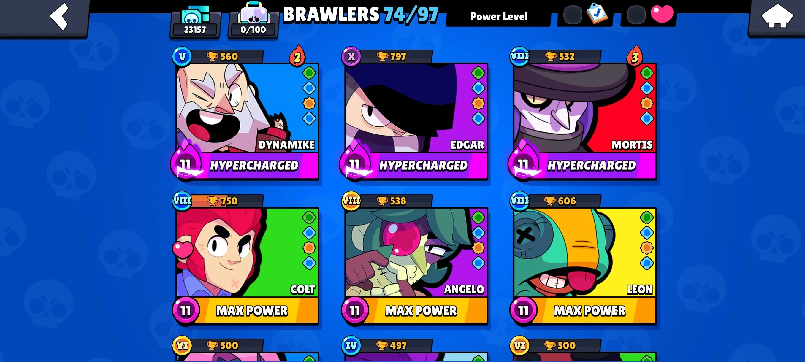 BS1868 //23157 Trophies 74 of 97 Brawlers star 138 Skins star 2 Hypercharge Skins Godzilla Buzz Mecha Piper Sovereign Rico