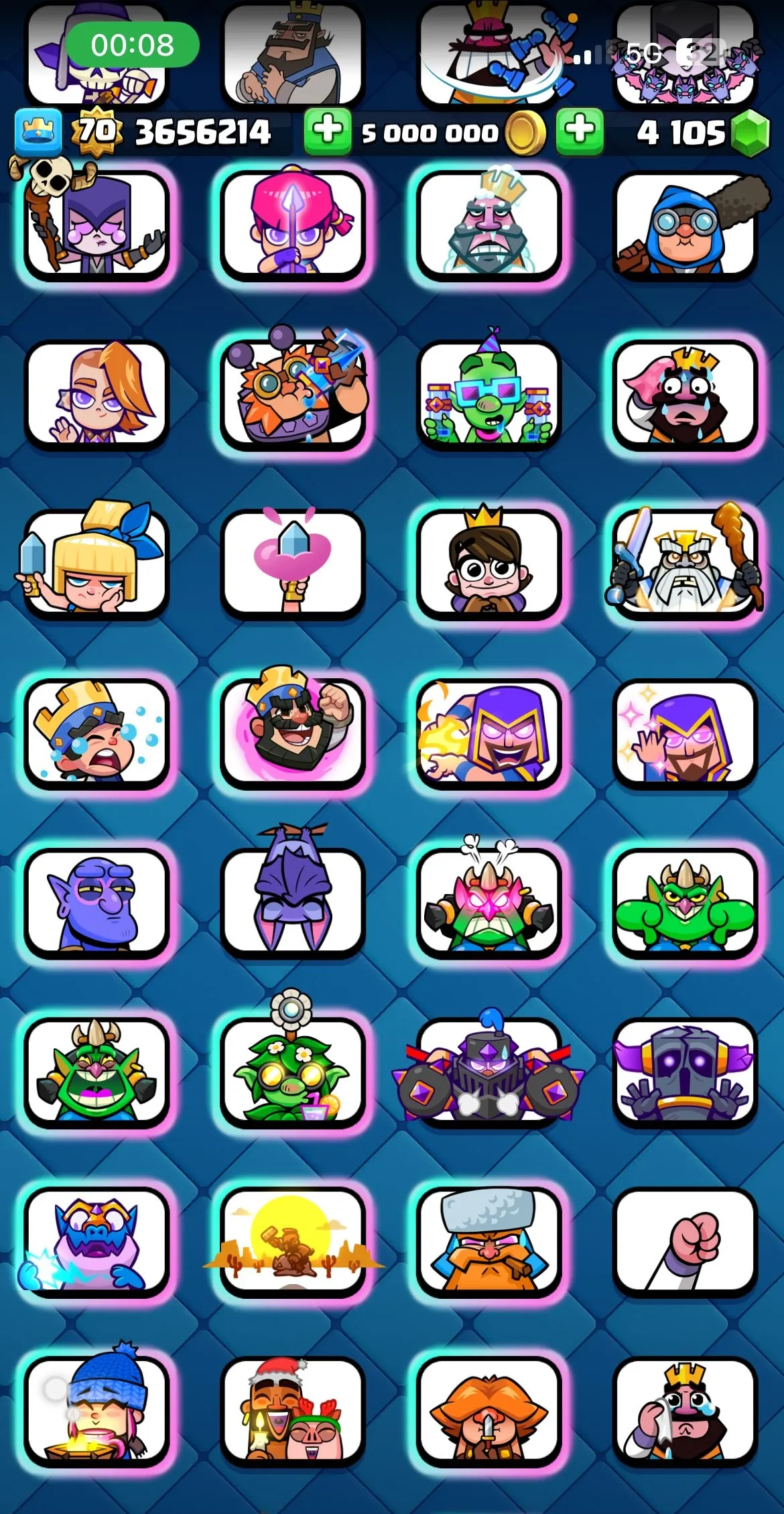 CR427 //Level 70 Account with 27 EVO, 105 Elite Cards, 22 Tower Skins, 271 Emotes, 5 Million Gold, and 4100+ Gems