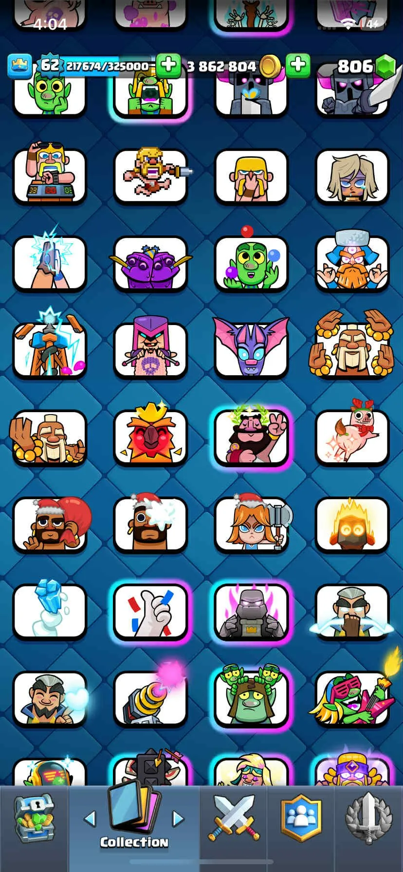 CR438 //Level 62 Account with 3.8M Gold, 21 Evolution Cards, 32 Elite Cards, 109 Maxed Cards, 100 Legendary Cards, and Rich Emotes Collection