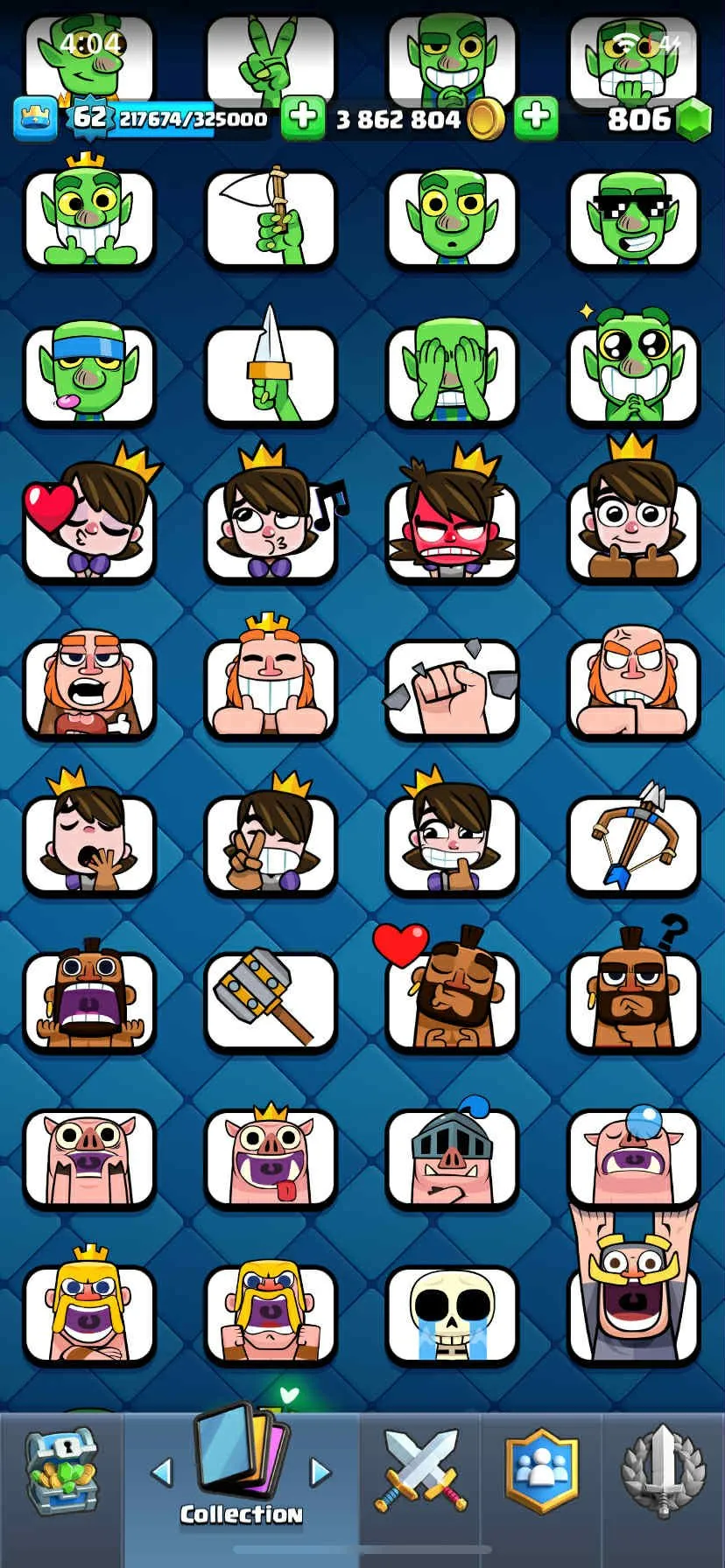 CR438 //Level 62 Account with 3.8M Gold, 21 Evolution Cards, 32 Elite Cards, 109 Maxed Cards, 100 Legendary Cards, and Rich Emotes Collection