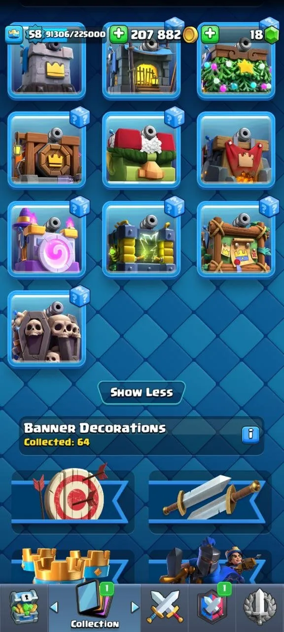 CR468 //10255 Trophies, Arena 25, Level 58, 18 Evolution Cards, 21 Legendary, 129/285 Emotes, 9 Tower Skins, 19 Level 15 Elite Cards, 64 Banner Decorations, Perf Proportions, Boohoo