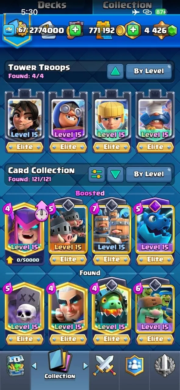 CR435 //Full Elite Max Account | 68 Elite Cards | 24 Evolution | 55 Level 14 Cards | 145 Emotes | All Magic Items Unlocked