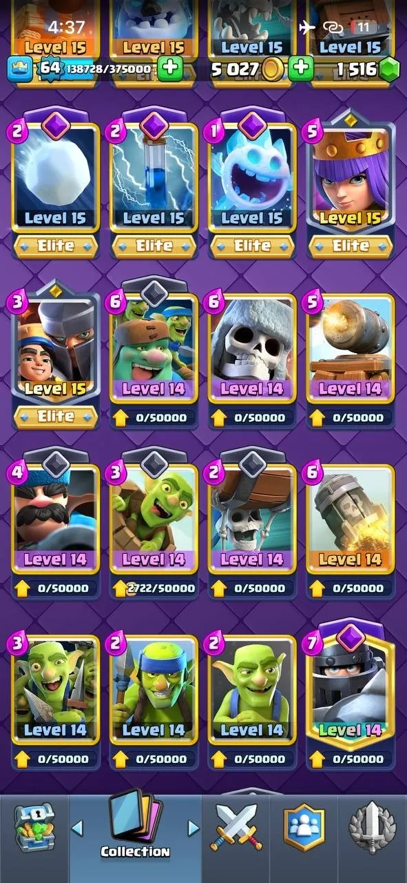 CR436 //Max Level 64, 49 Elite Cards, 24 Evolutions, 183 Emotes, 18 Unique Towers, Max TH15 Clash Village, 121 Unlocked Cards, 67 Level 14 Cards
