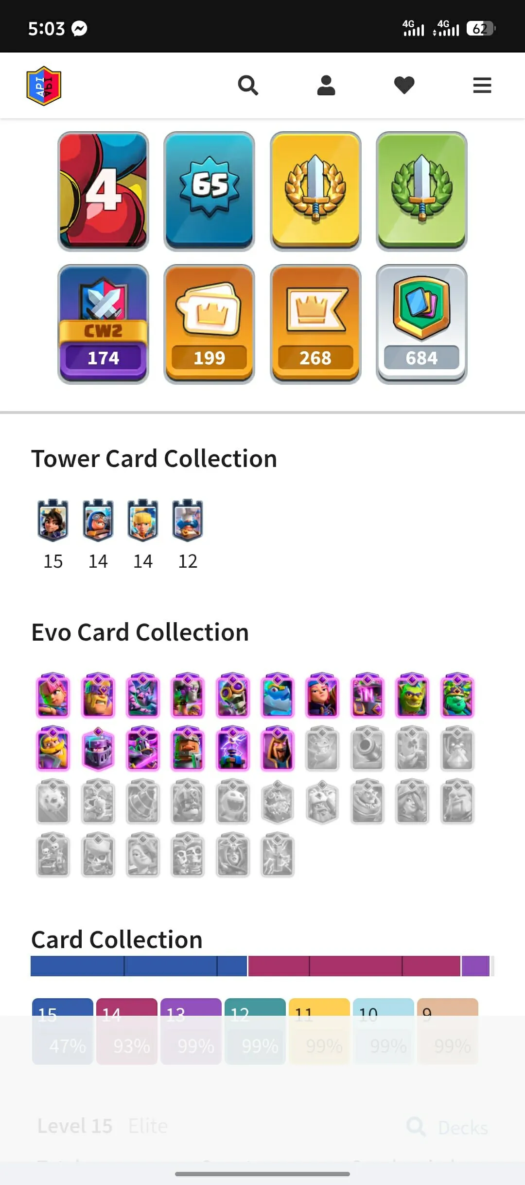 CR433 //16 Evolution Cards, 57 Elite, 113 Max Cards, 199 Emotes, LV65, Arena 65