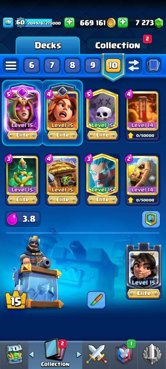 CR445 //Veteran | 9-Year Badge | 107 Max Cards | 16 Elite LV15 | 7 Evolution Cards | Free Name Change | 670K Gold | 7,200 Gems | Arena 15
