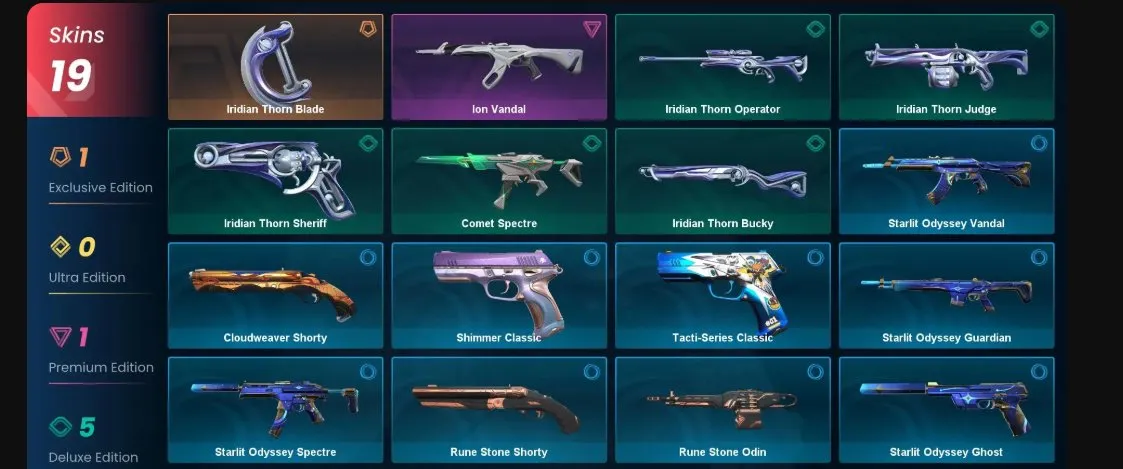 V78 //EU - 19 Skins / 1 Knife - Ion Vandal - Iridian Thorn Blade - Exclusive/Premium/Deluxe Skins - Ranked Unlocked - Full Access