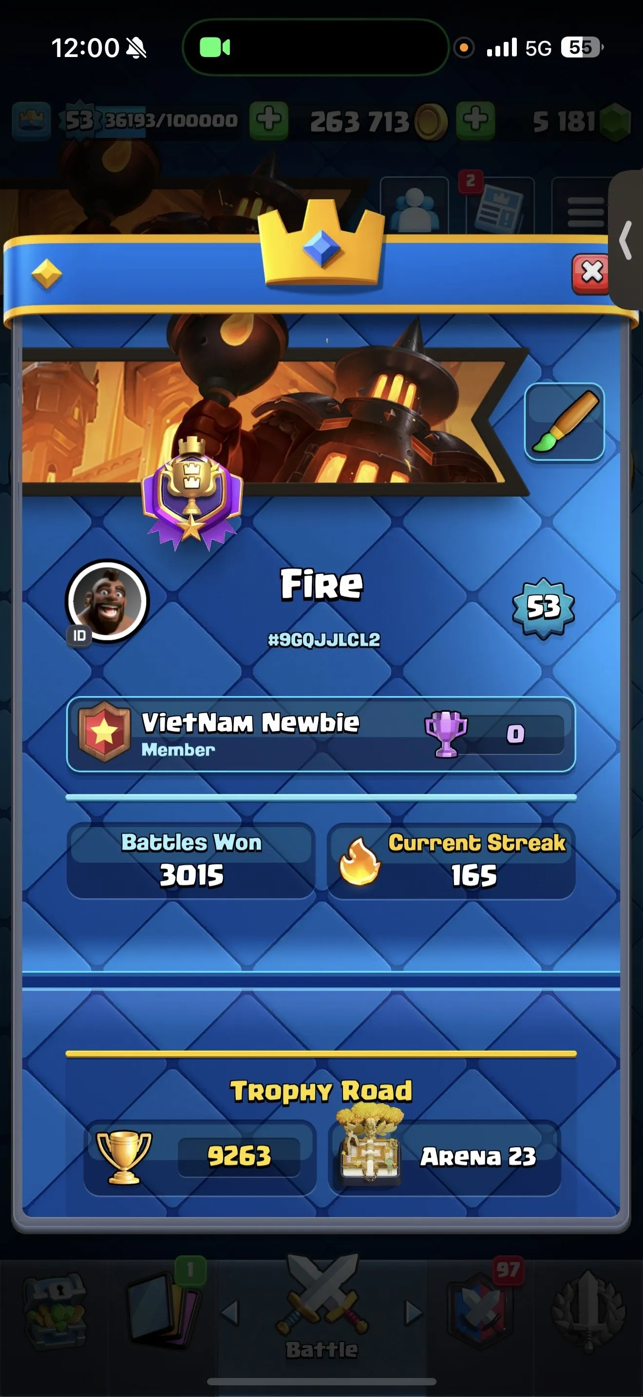 CR472 //9000 Trophies | Lv53 | MK9 AQ Bait Deck | 20 Shard Evo | 16 Evo | 5 Card Lv15 | 25 Card Lv14 | 64 Emotes | 9 Skin Tower | 3 Book of Book | 20 Wild Champion | 5181 Gems | 263,713 Gold