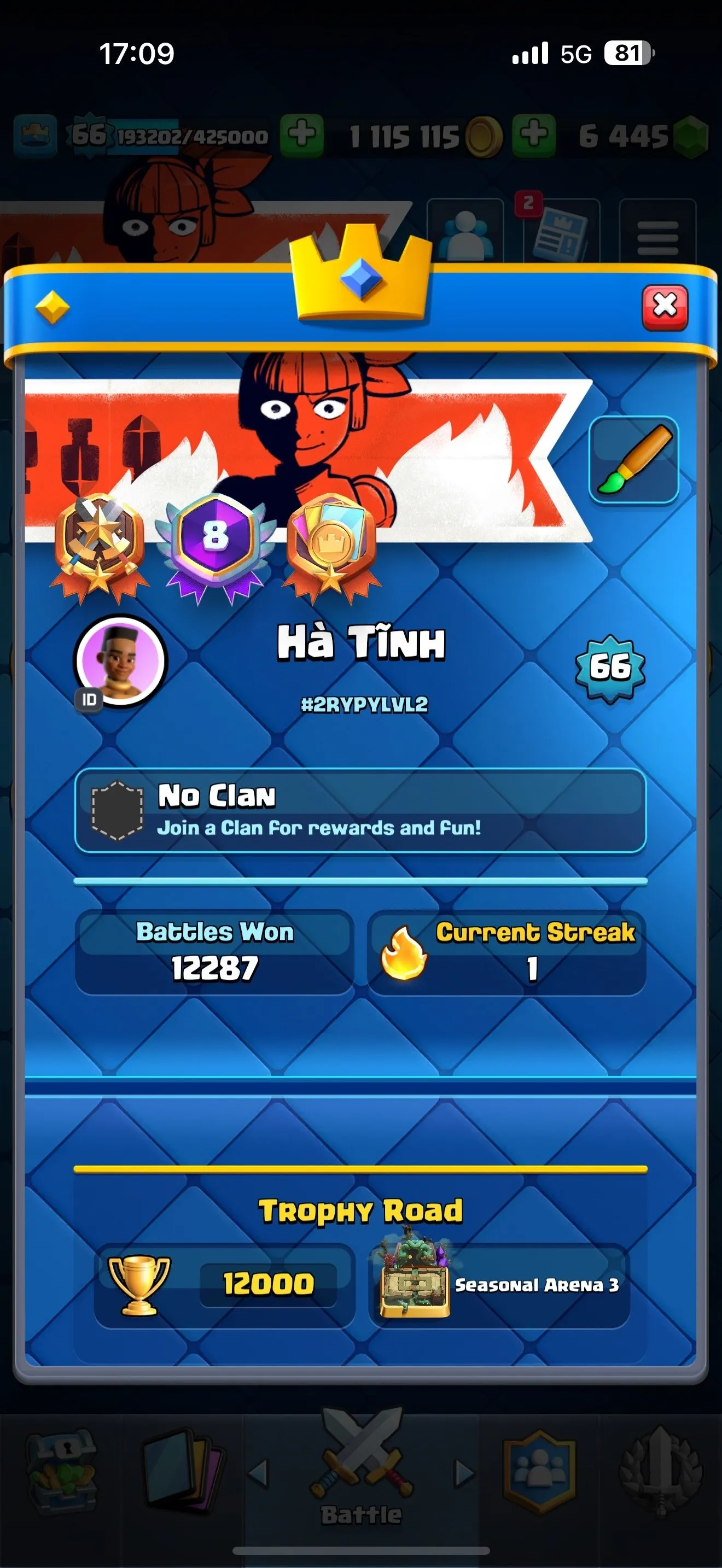 CR432 //CR495 Account with 21 EVO Legendary Cards, 65 LV15 Card Skins, 6.5K Gems, Level 66 with 10,000 Trophies, 29 Tower Skins, and Name Change