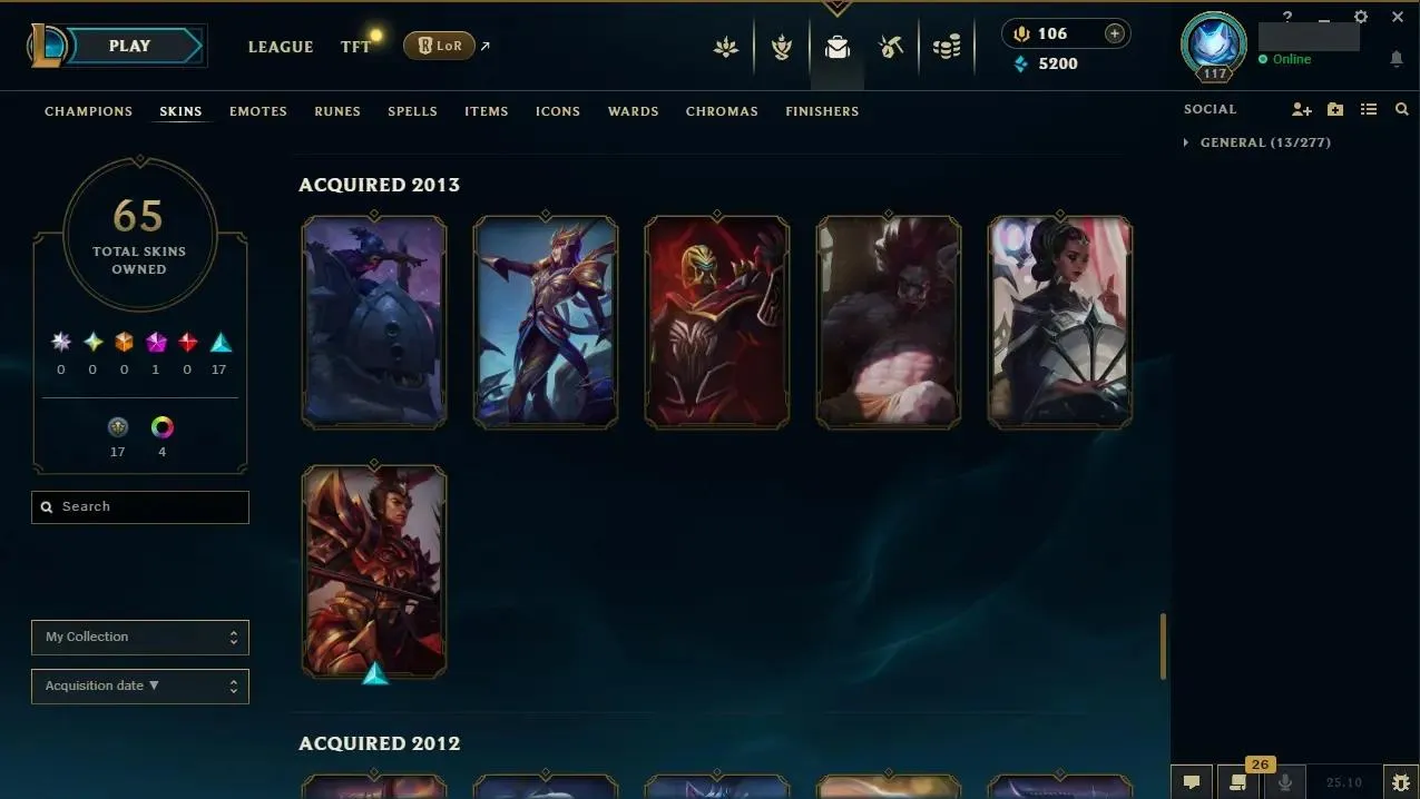 EUW ⭐ Hand-made ⭐ LV: 117 ⚡ ♟️ Champs: 155 🎨 Skins: 65  💰 BE: 5200 👑 1st Owner