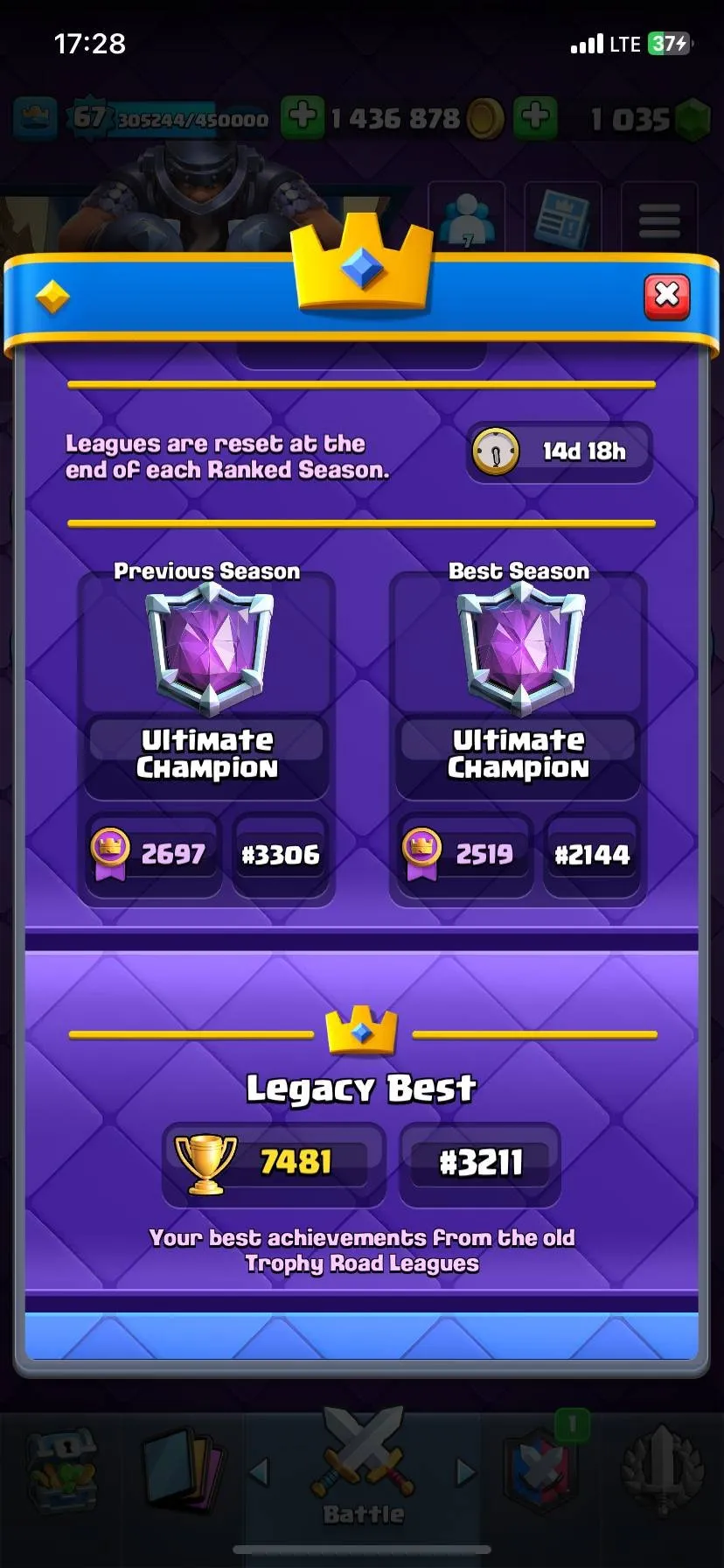 CR424 //Top Account | Level 67 | 18 Evolutions | 72 Cards Level 15 | 121 Cards Unlocked | Ultimate Champion