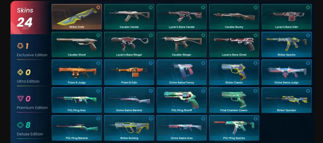 V79 //EU - 24 Skins - Striker Knife - Lycan’s Bane Collection - POLYfrog Collection - Divine Swine Marshal - Cavalier Vandal - Ranked Unlocked - Full Access