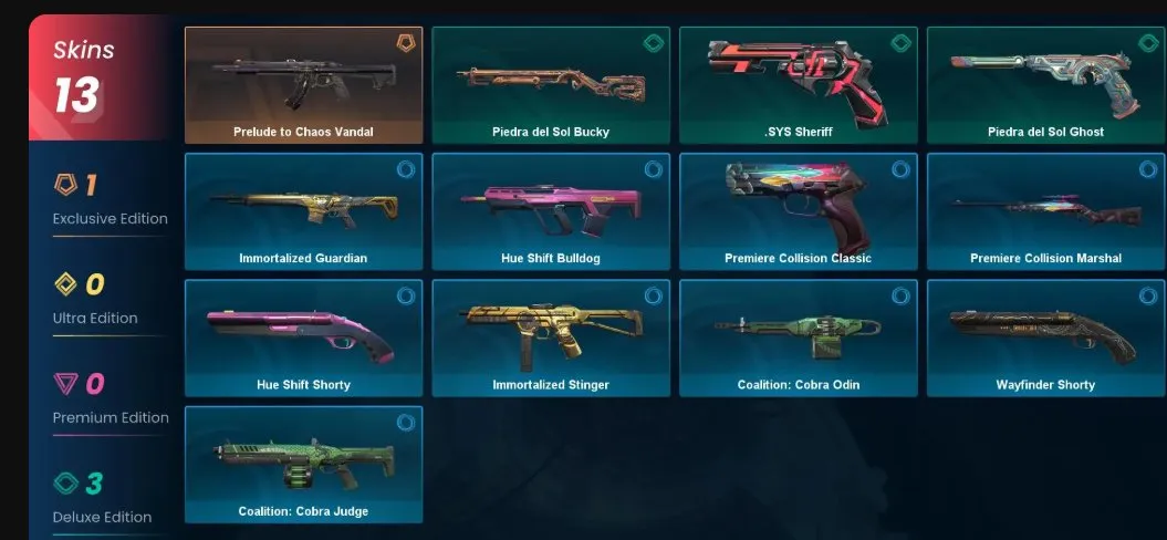 V80 //EU - 13 Skins - Prelude to Chaos Vandal - Immortalized Guardian - Coalition: Cobra Judge/Odin - Piedra del Sol Ghost/Bucky
